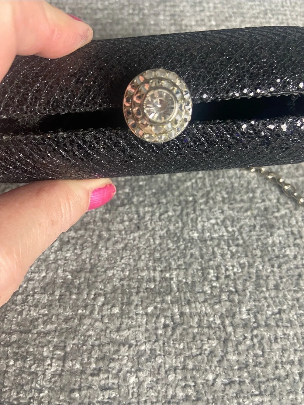 Black Glitter Evening Clutch with Silver Chain